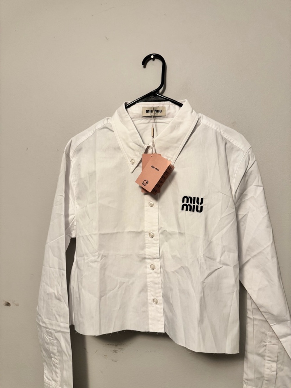 Miu Miu White Button-Down Shirt with Black Logo and Pink Tags